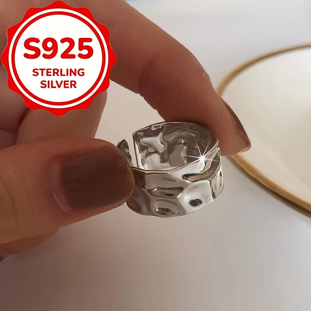 Women's S925 Silver Irregular Textured Adjustable Ring, Elegant Gift